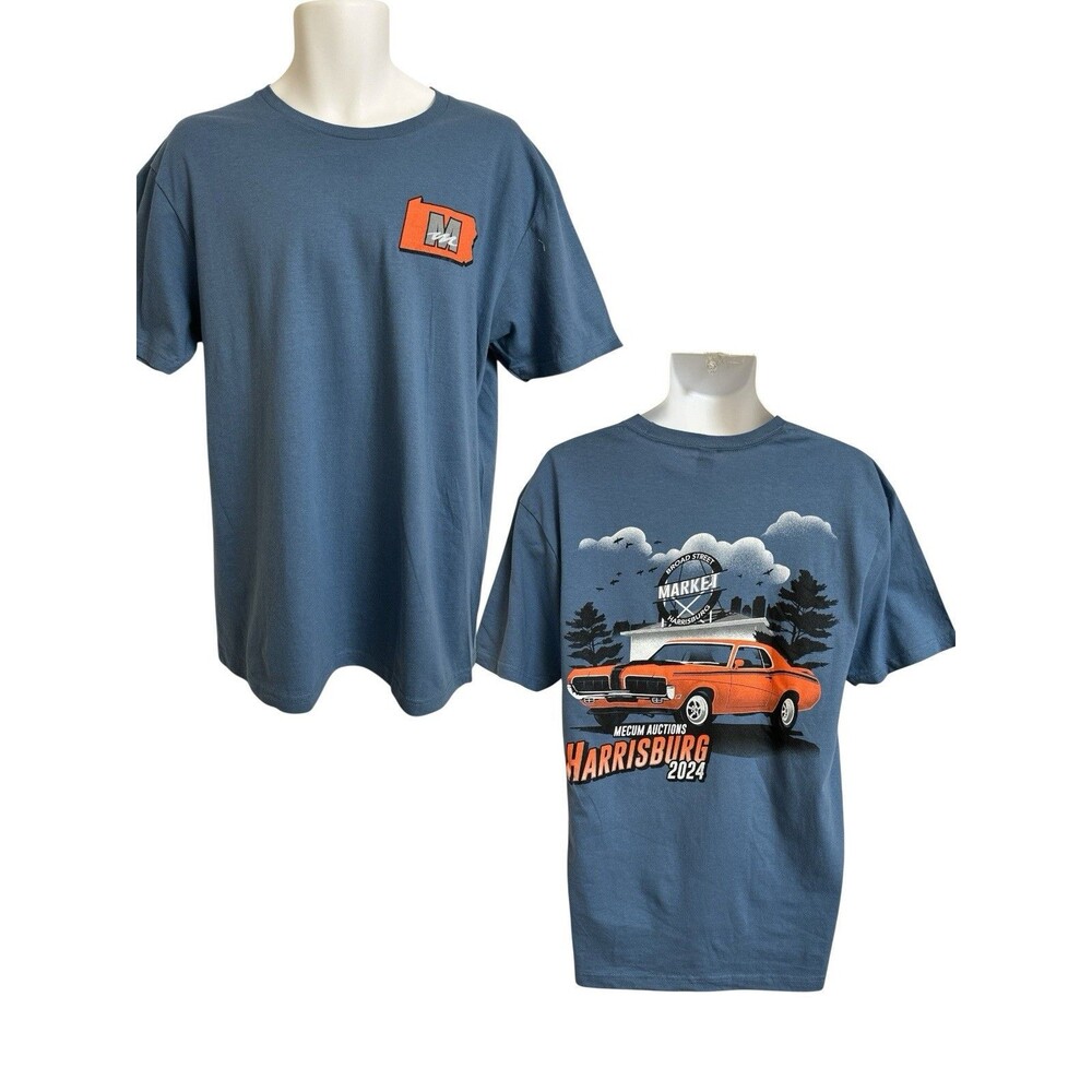 NEW Mecum Auctions Harrisburg Men's L Blue Gildan T-Shirt Classic Cars 2024